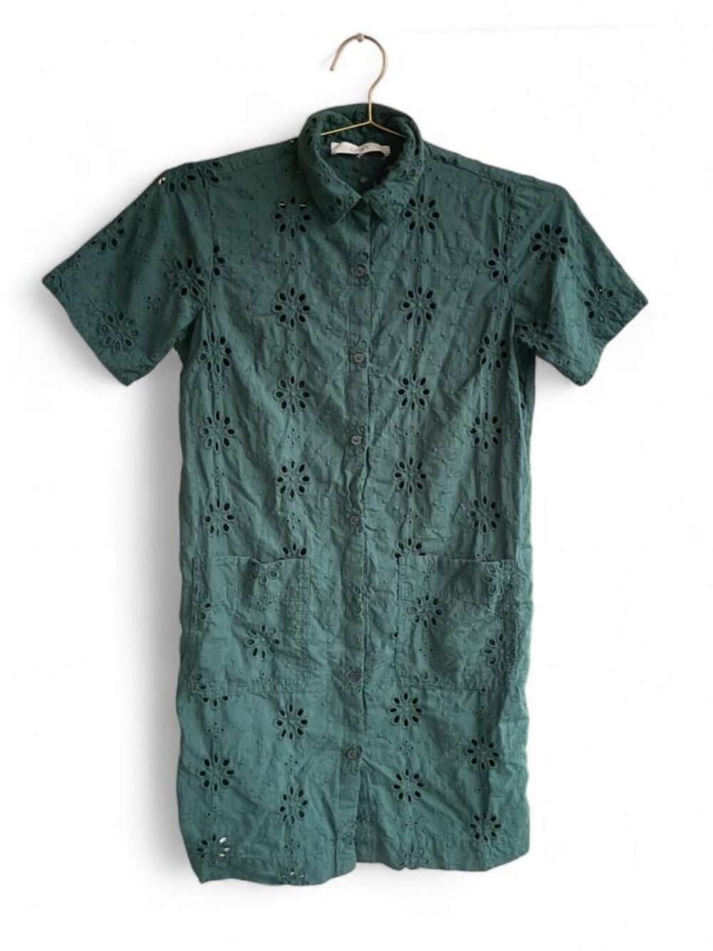 Emerald Green Eyelet Shirt Dress – LOFT – 100% Cotton – Button Front – Size XS